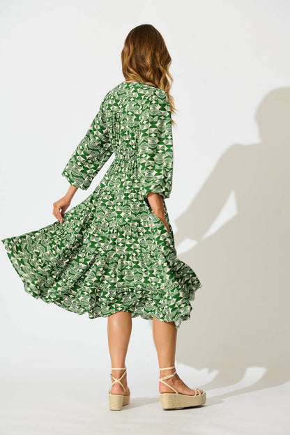 Modical Midi Dress In Green and White Print