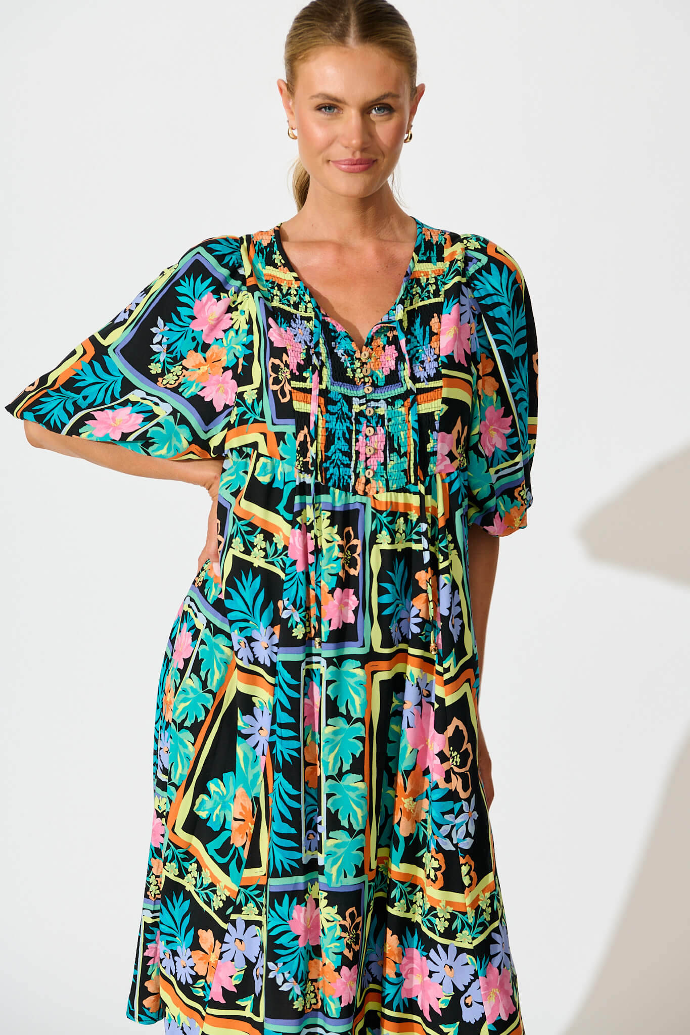 Devana Midi Smock  Dress In Black Multi Print