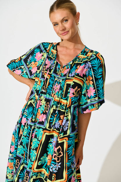 Devana Midi Smock  Dress In Black Multi Print