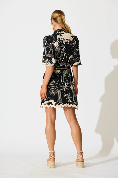 Amico Dress in Black with Cream Print