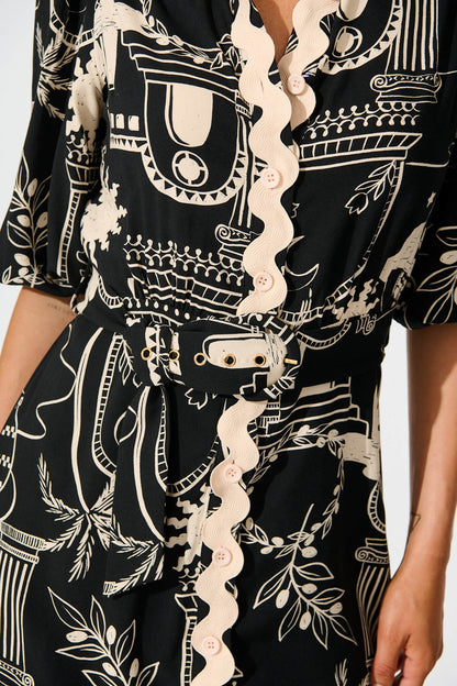 Amico Dress in Black with Cream Print