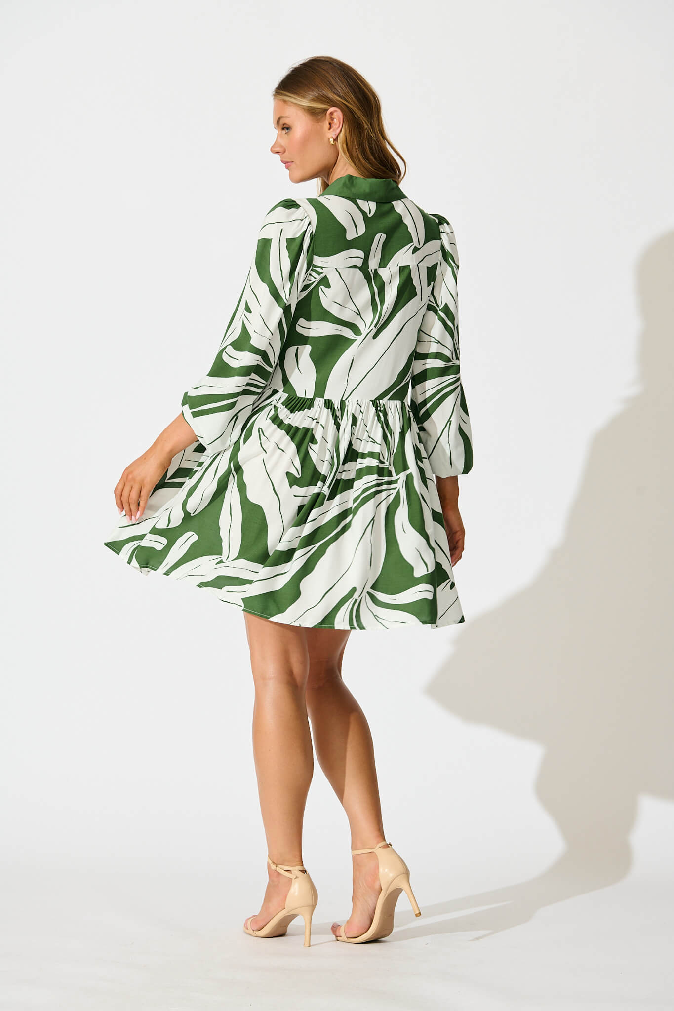 Vincente Smock Dress in Green with White Leaf
