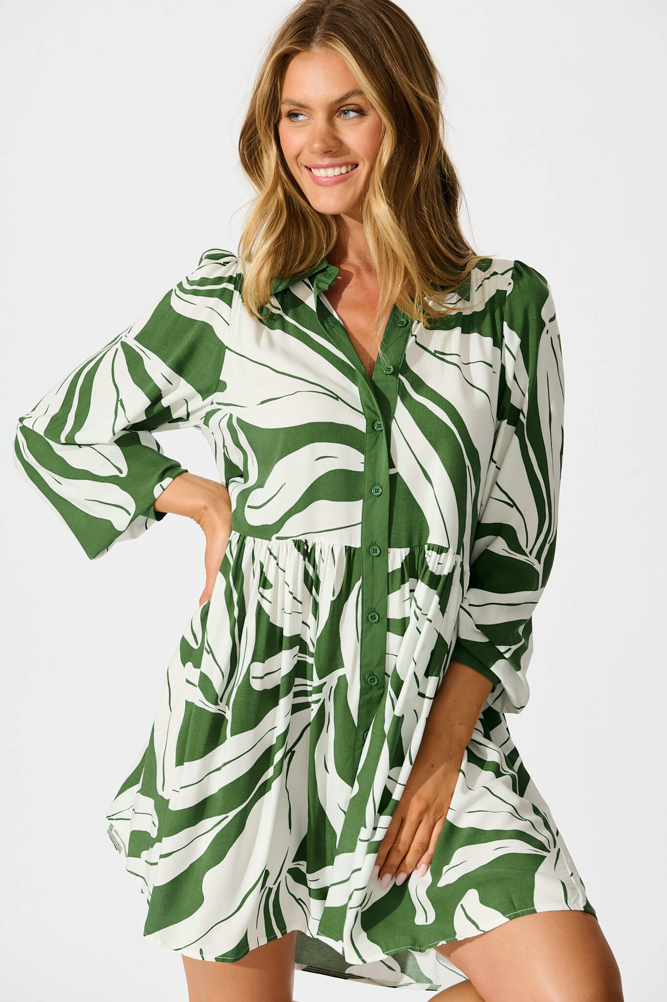 Vincente Smock Dress in Green with White Leaf