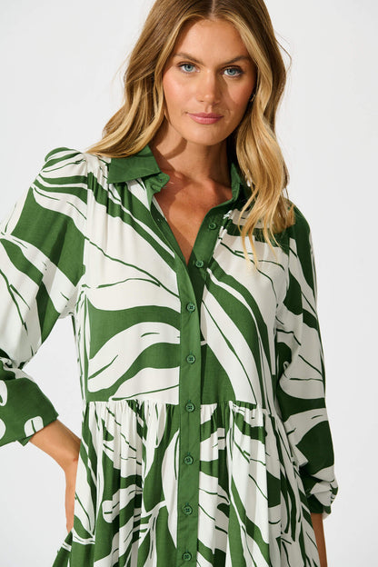 Vincente Smock Dress in Green with White Leaf