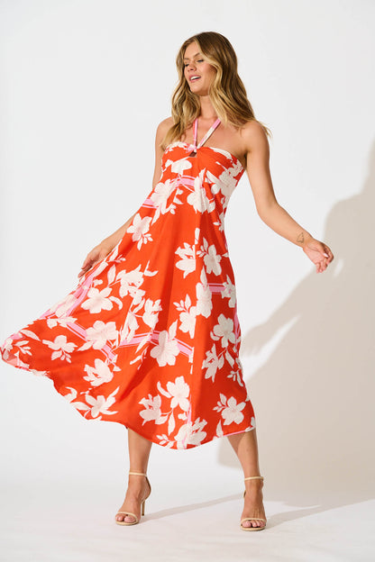Blaise Midi Sundress in Tangerine with White Floral