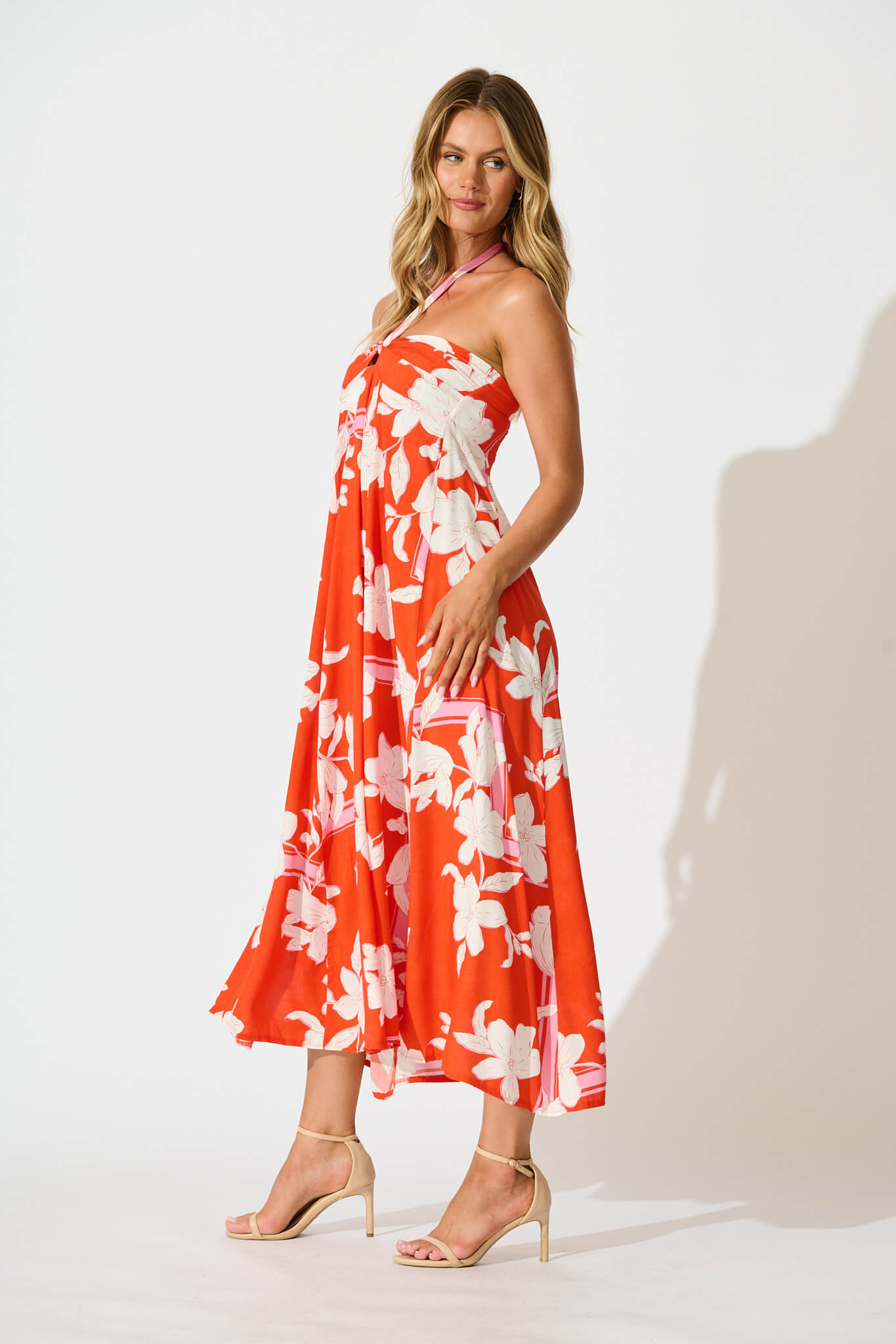 Blaise Midi Sundress in Tangerine with White Floral