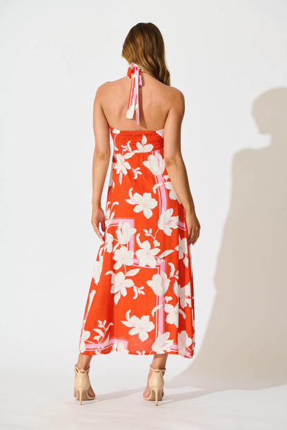 Blaise Midi Sundress in Tangerine with White Floral