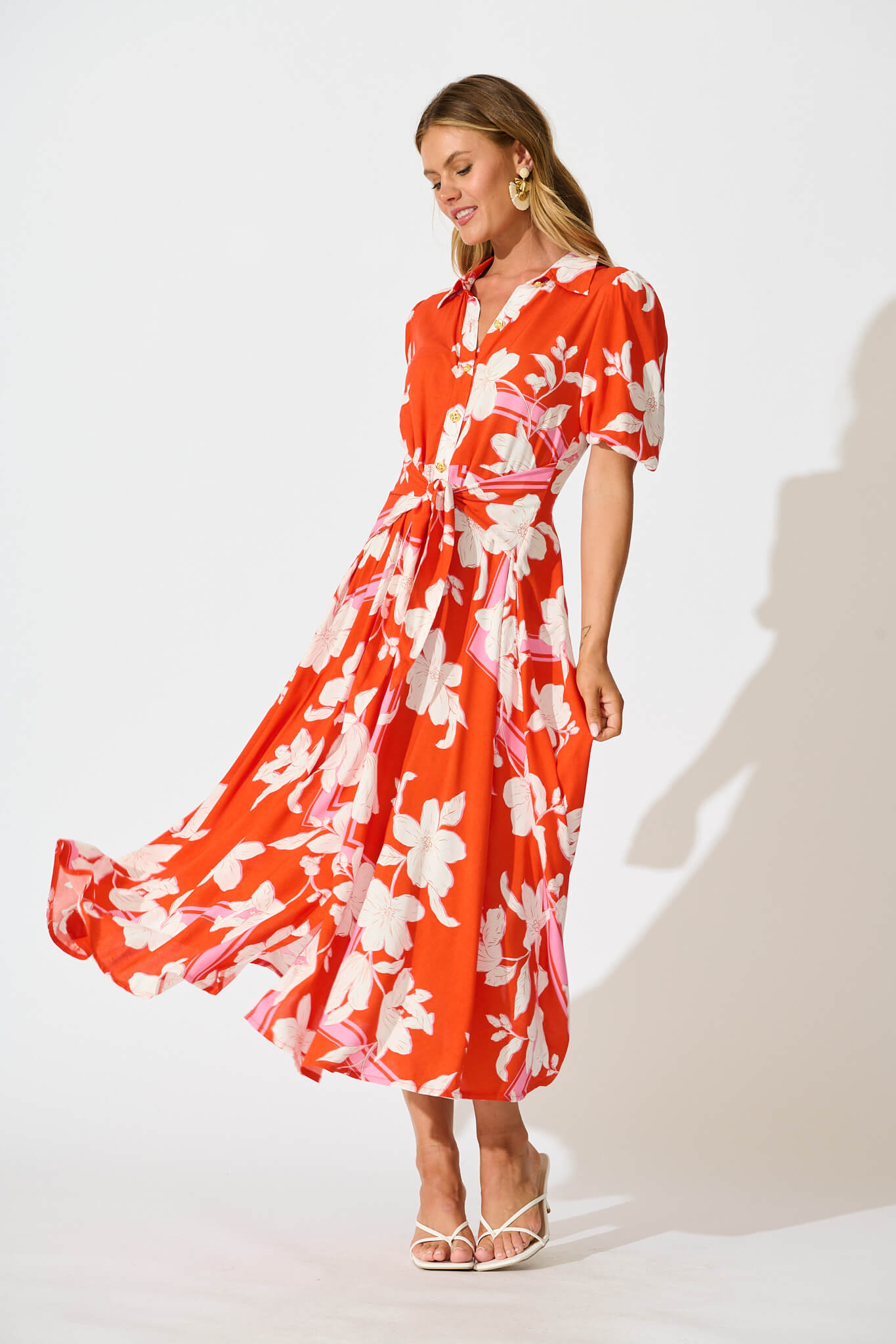 Bella Maxi Shirt Dress in Tangerine with White Floral