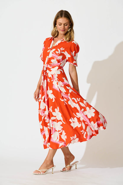 Bella Maxi Shirt Dress in Tangerine with White Floral