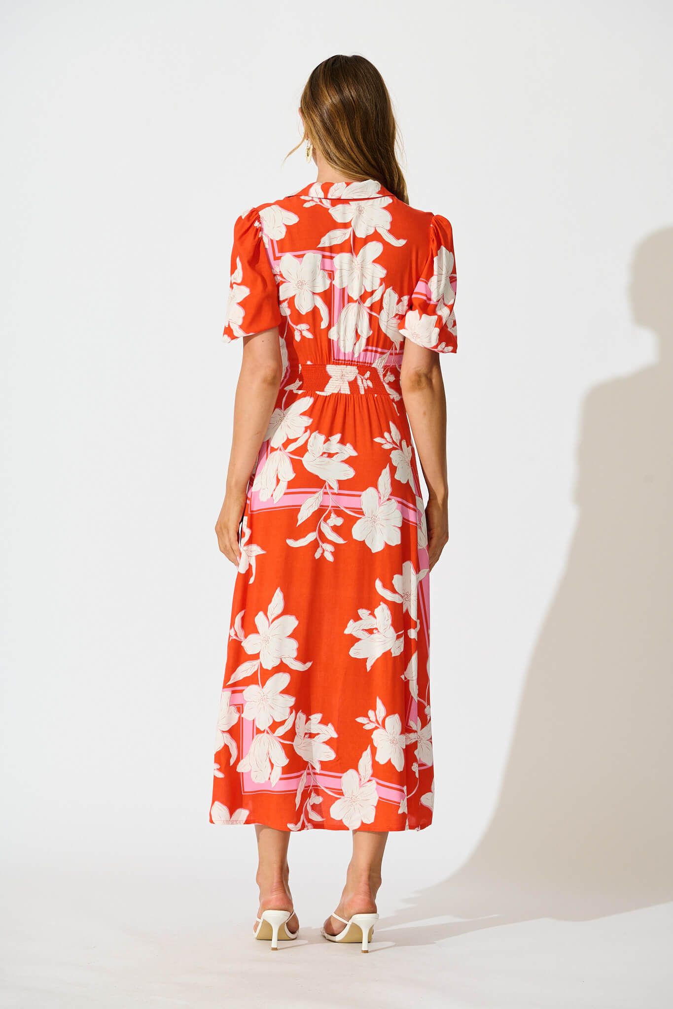 Bella Maxi Shirt Dress in Tangerine with White Floral