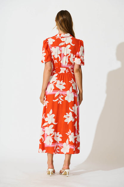 Bella Maxi Shirt Dress in Tangerine with White Floral