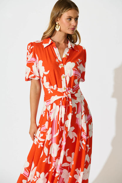 Bella Maxi Shirt Dress in Tangerine with White Floral