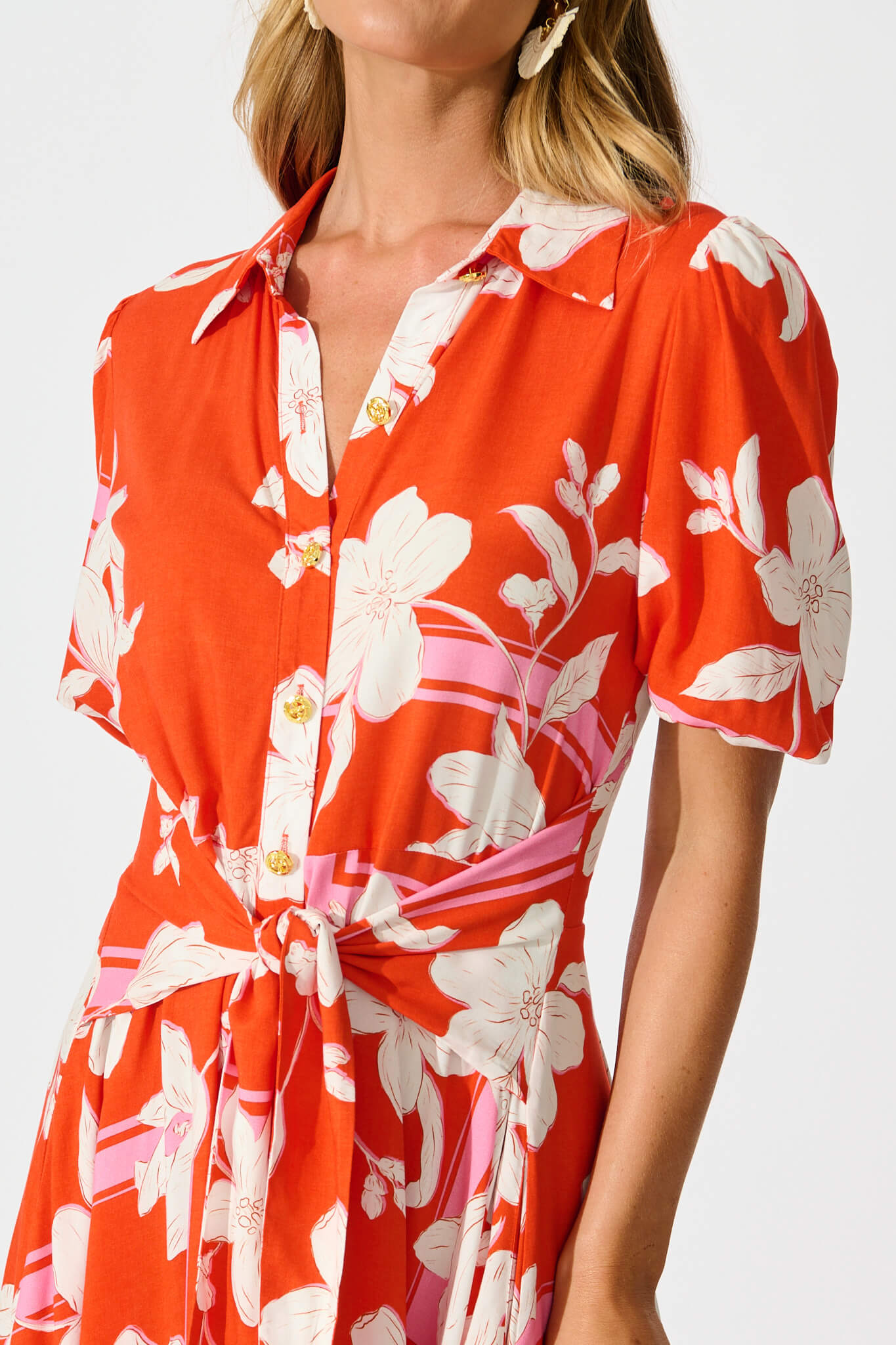 Bella Maxi Shirt Dress in Tangerine with White Floral