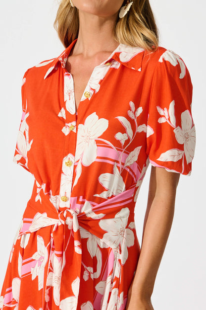 Bella Maxi Shirt Dress in Tangerine with White Floral