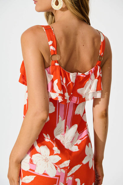 Cassidy Dress in Tangerine with White Floral Print