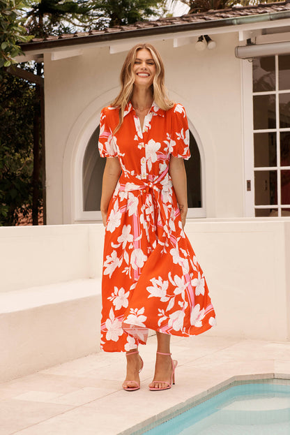 Bella Maxi Shirt Dress in Tangerine with White Floral