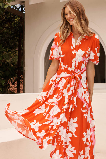 Bella Maxi Shirt Dress in Tangerine with White Floral
