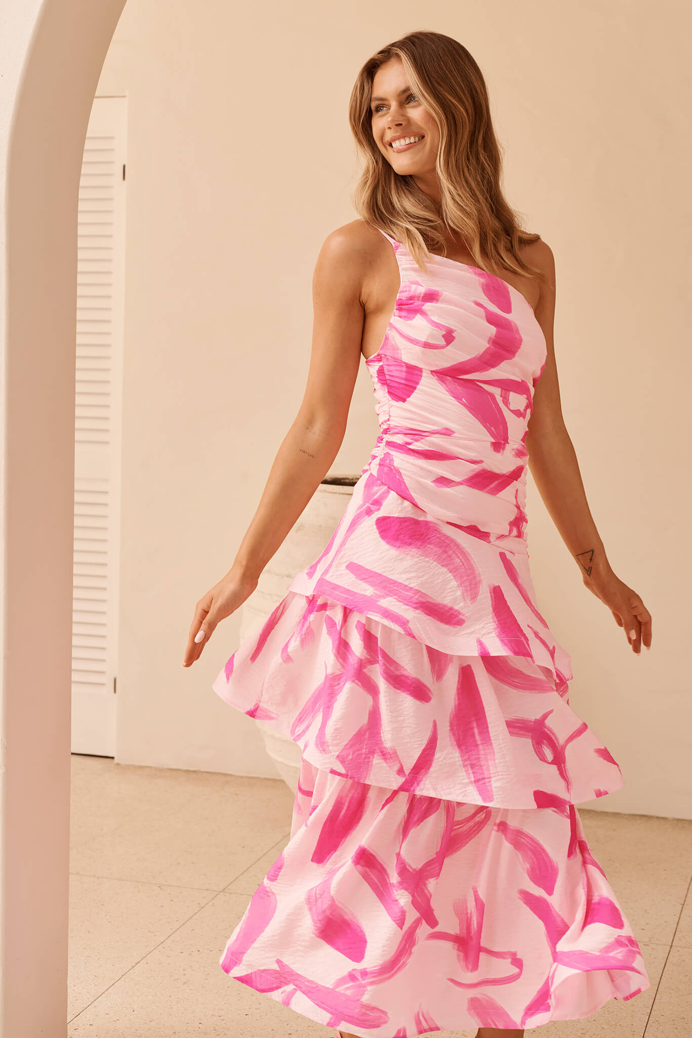 Lena One Shoulder Maxi Dress in Blush with Fuchsia Organza