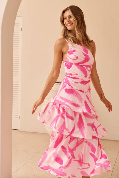 Lena One Shoulder Maxi Dress in Blush with Fuchsia Organza