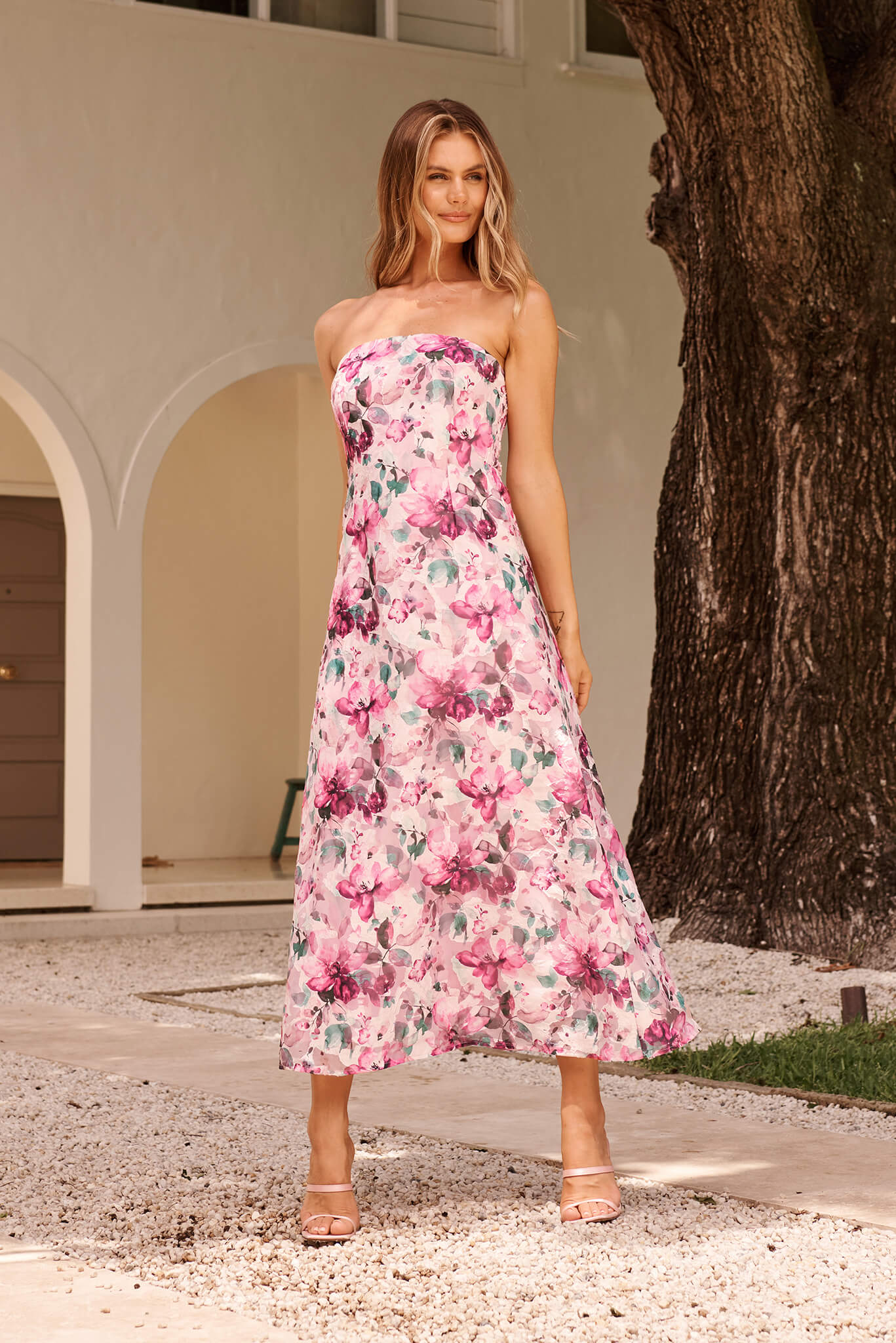 Mon Cherie Maxi Dress in Multi Pink Floral Organza