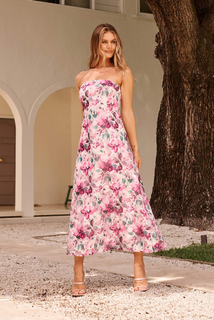 Mon Cherie Maxi Dress in Multi Pink Floral Organza