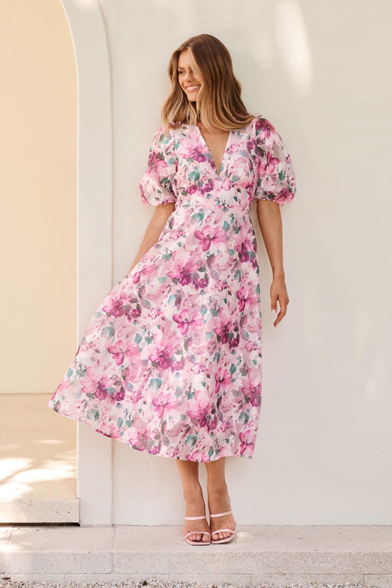 PRE ORDER Opulence Midi Dress in Multi Pink Floral Organza