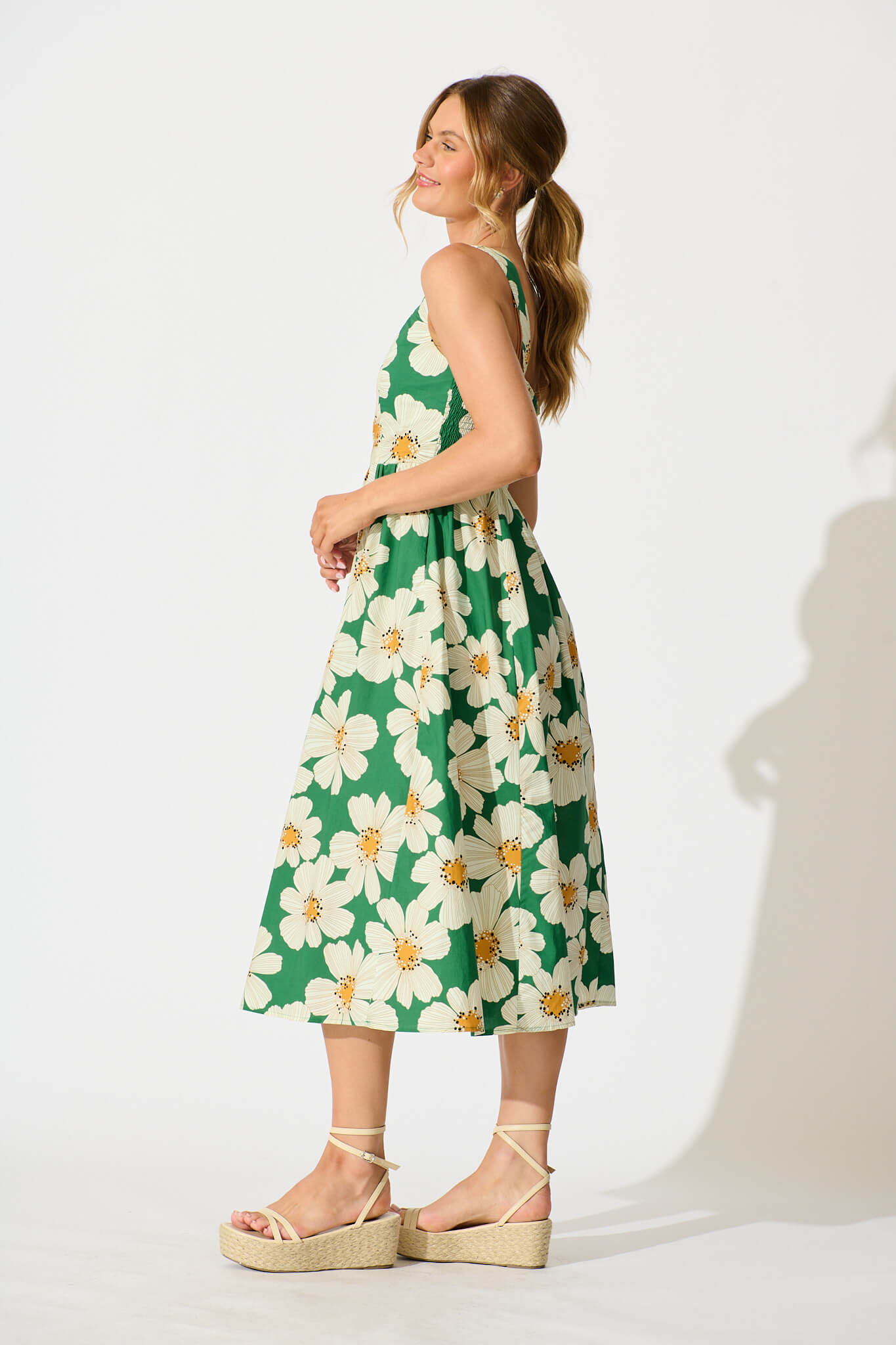 Moreno Midi Dress in Green with White Flower Print Cotton