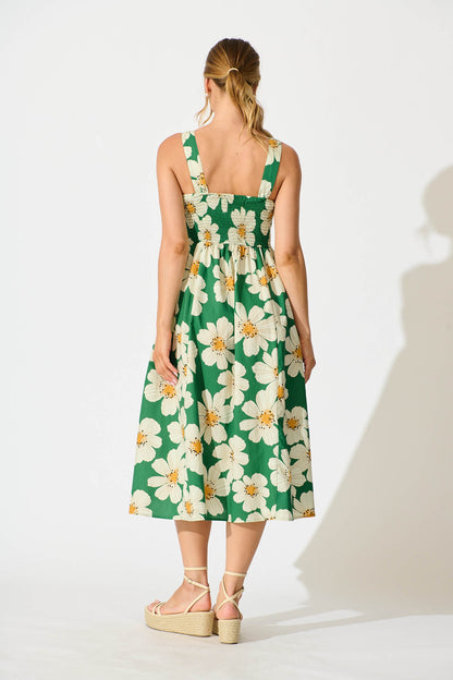 Moreno Midi Dress in Green with White Flower Print Cotton