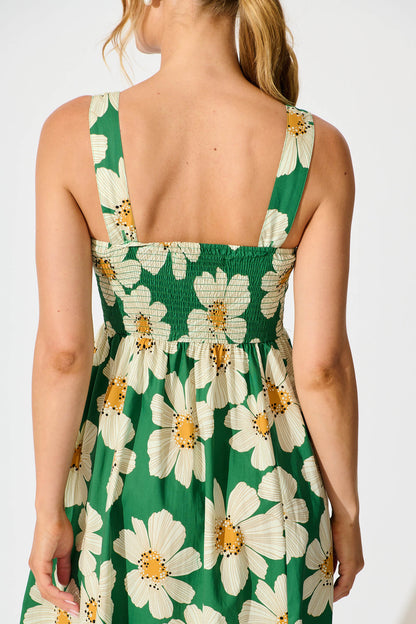 Moreno Midi Dress in Green with White Flower Print Cotton