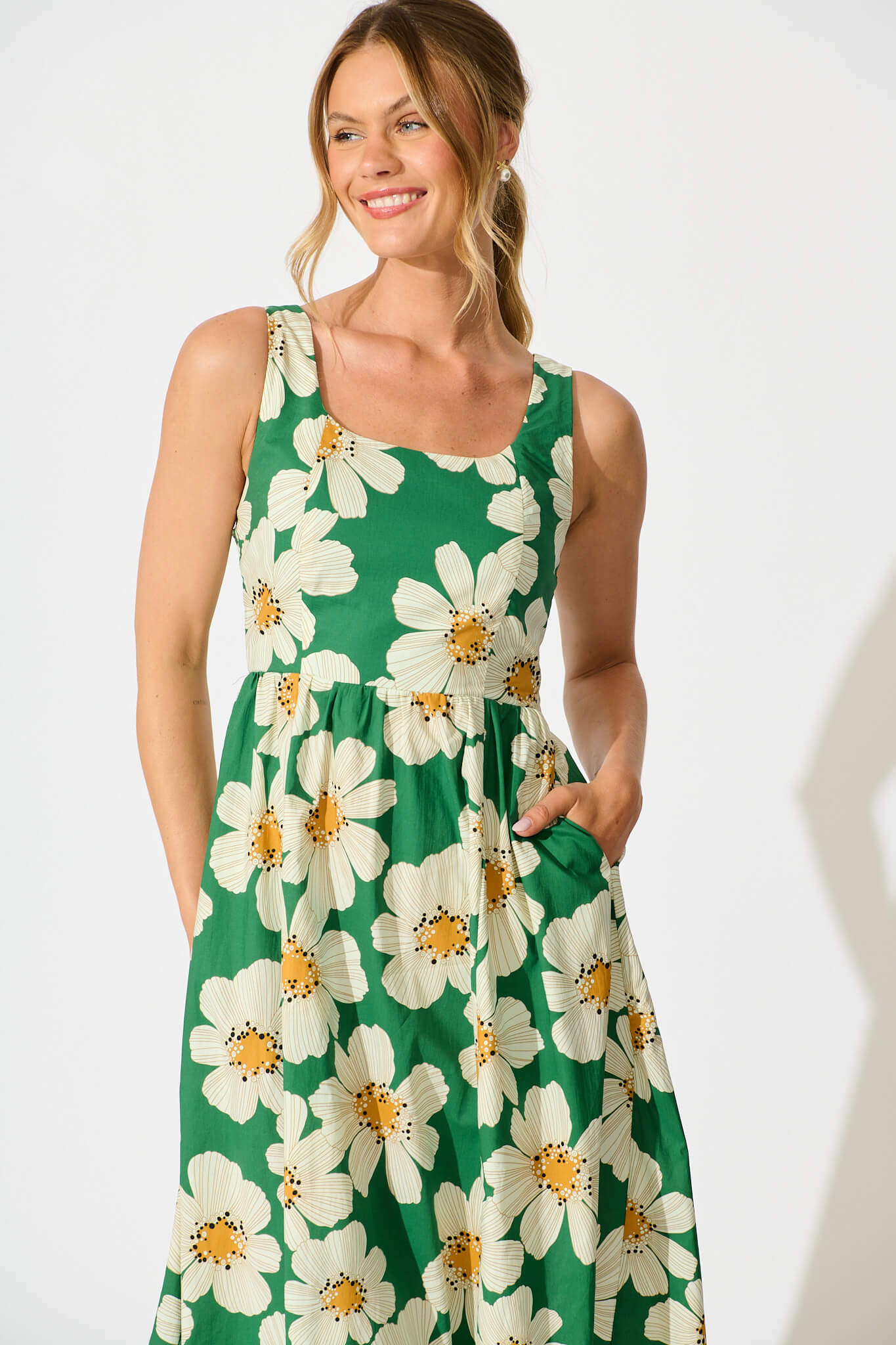 Moreno Midi Dress in Green with White Flower Print Cotton