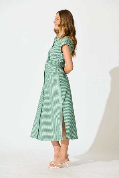Olvera Midi Shirt Dress in Green Stripe Cotton Linen