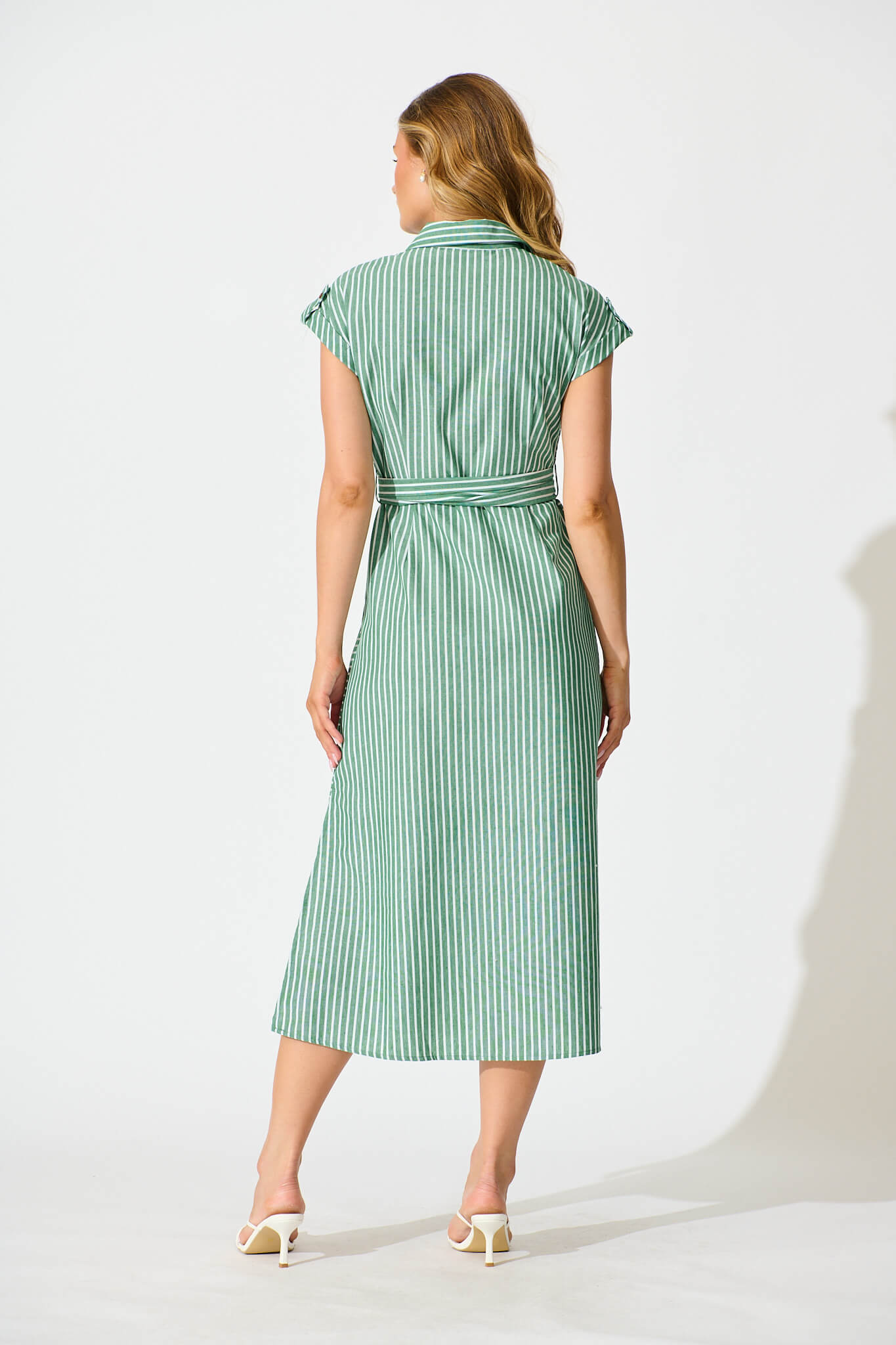 Olvera Midi Shirt Dress in Green Stripe Cotton Linen