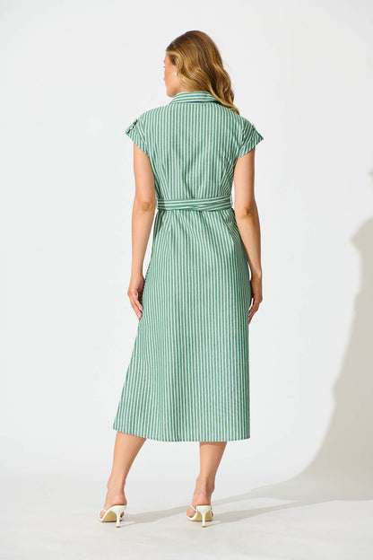 Olvera Midi Shirt Dress in Green Stripe Cotton Linen