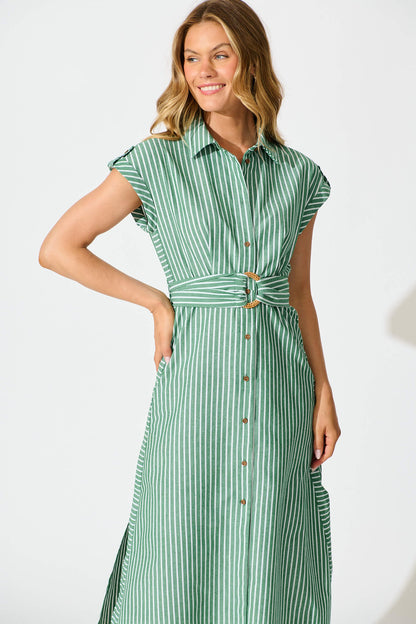 Olvera Midi Shirt Dress in Green Stripe Cotton Linen