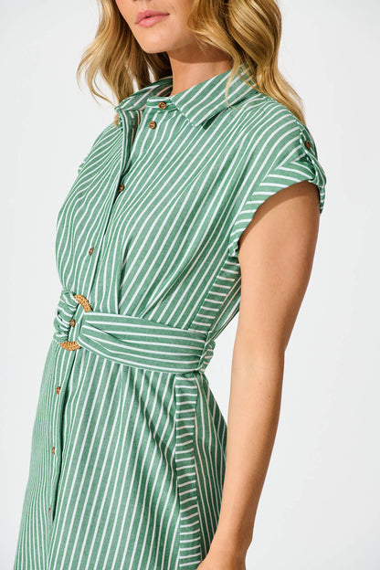 Olvera Midi Shirt Dress in Green Stripe Cotton Linen