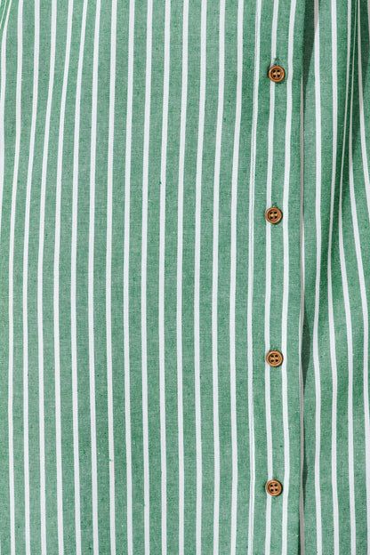 Olvera Midi Shirt Dress in Green Stripe Cotton Linen