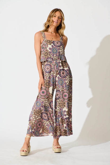 Sandcastle Jumpsuit In Cream With Purple Paisley
