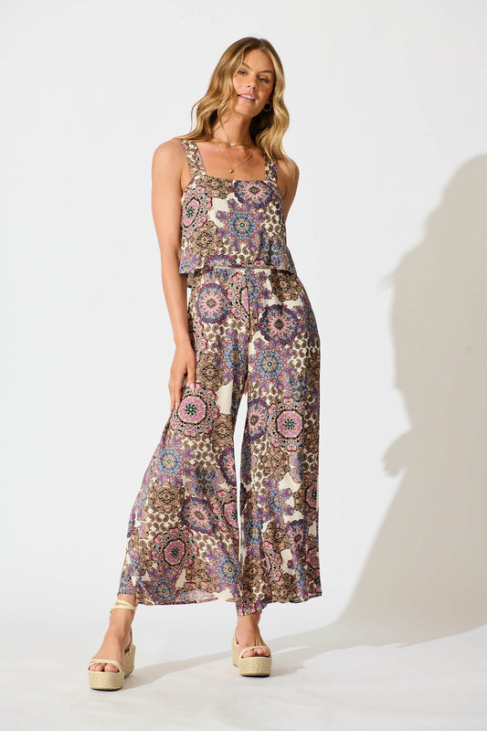 Sandcastle Jumpsuit In Cream With Purple Paisley