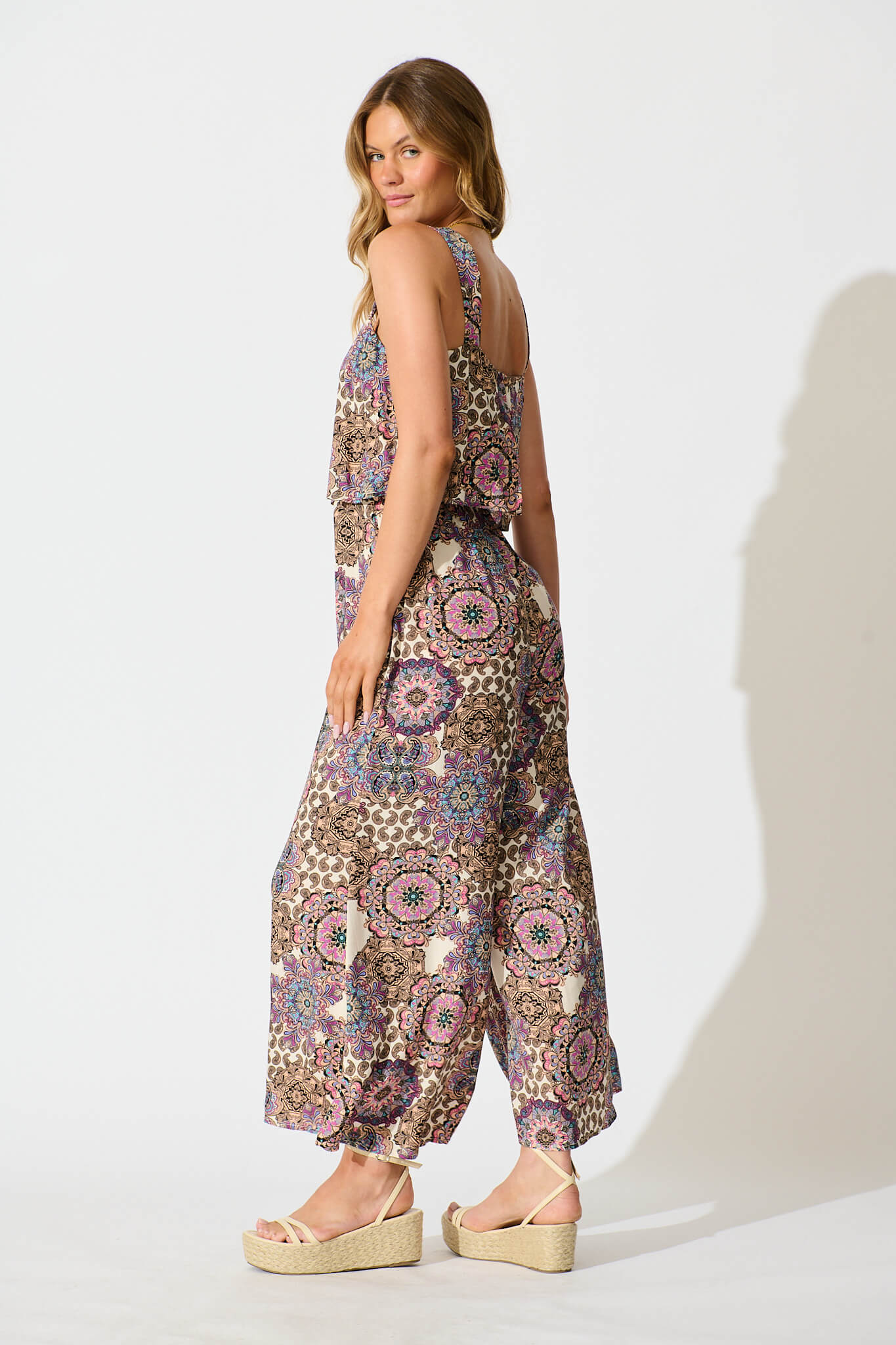 Sandcastle Jumpsuit In Cream With Purple Paisley
