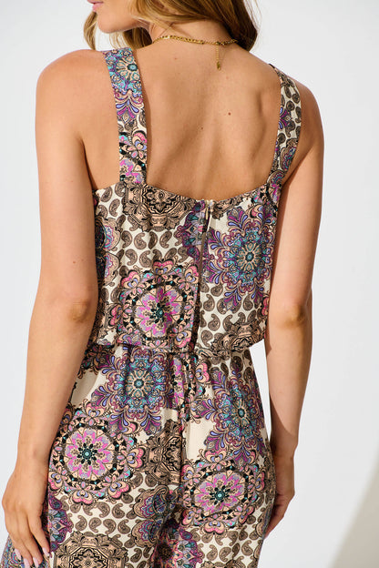 Sandcastle Jumpsuit In Cream With Purple Paisley