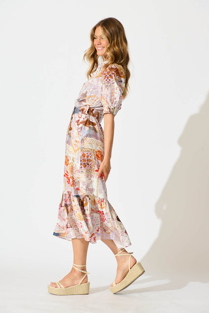 Allyna Midi Shirt Dress in White Multi Patchwork