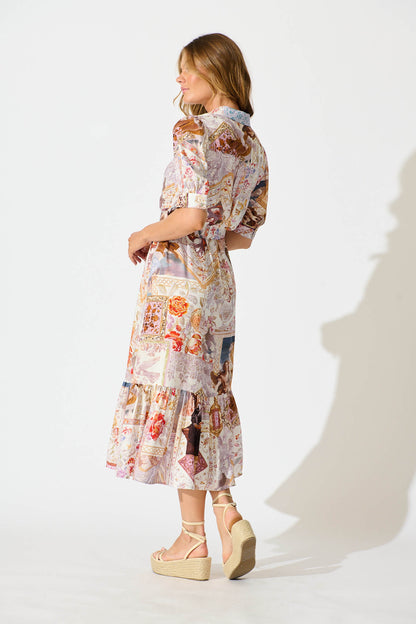 Allyna Midi Shirt Dress in White Multi Patchwork