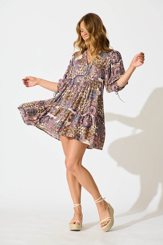 Emelyn Smock Dress In Cream With Purple Paisley