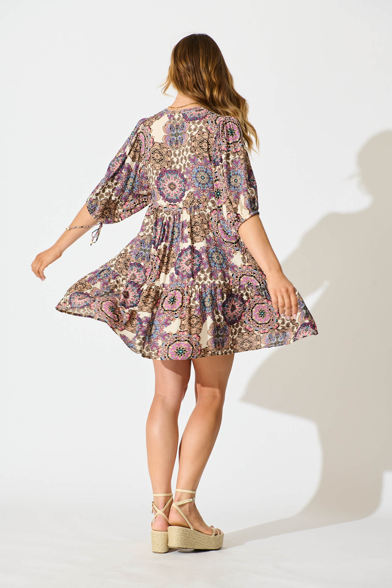 Emelyn Smock Dress In Cream With Purple Paisley