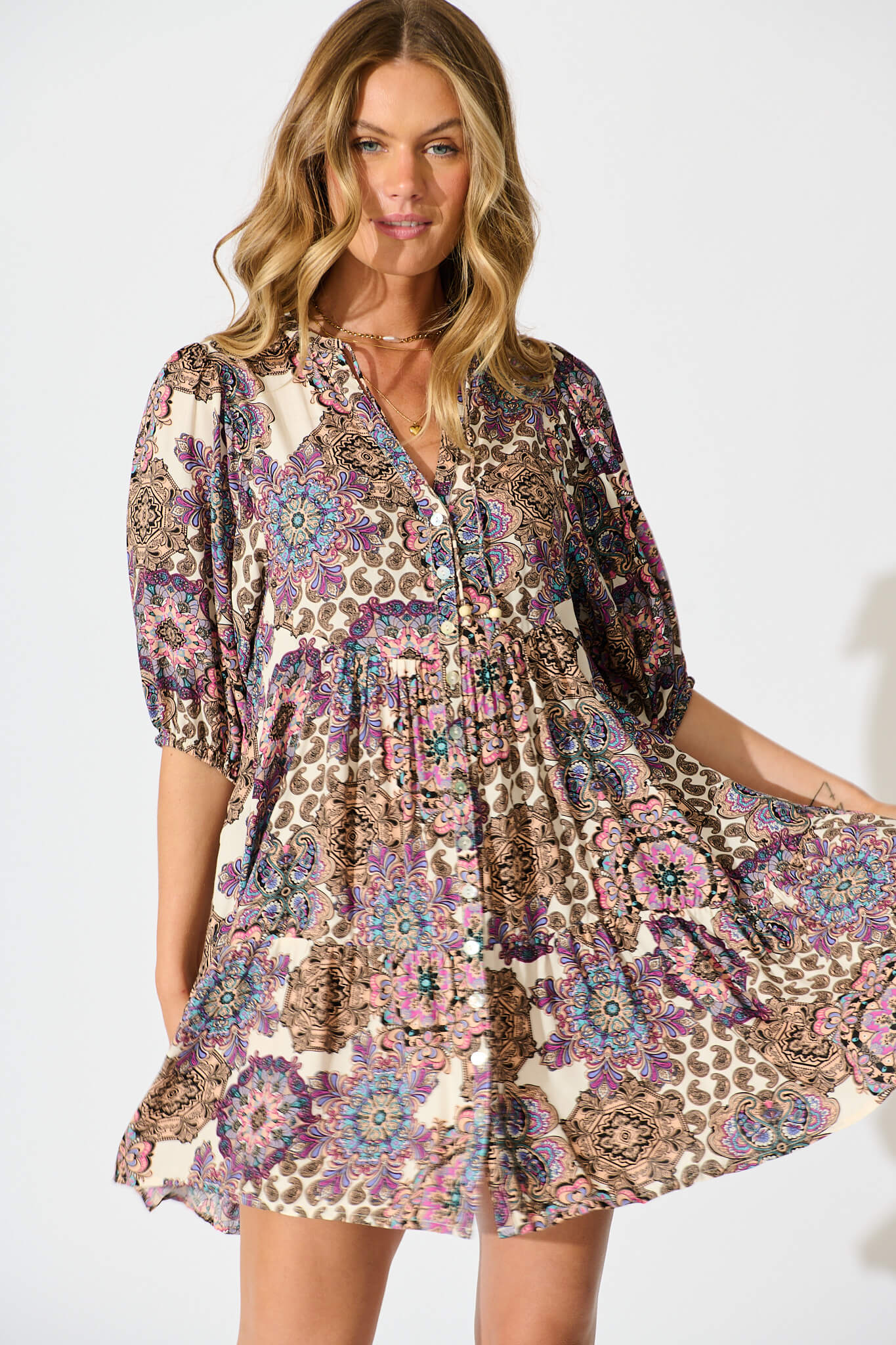 Emelyn Smock Dress In Cream With Purple Paisley