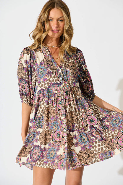 Emelyn Smock Dress In Cream With Purple Paisley