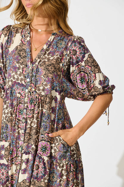 Emelyn Smock Dress In Cream With Purple Paisley