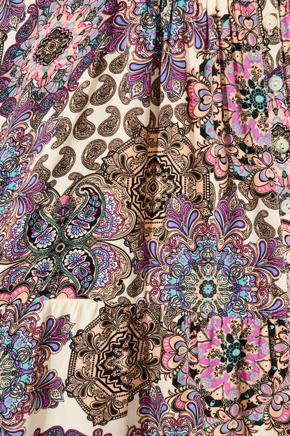 Emelyn Smock Dress In Cream With Purple Paisley