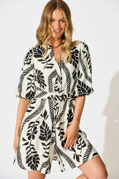 Montebello Dress in Cream with Black Leaf