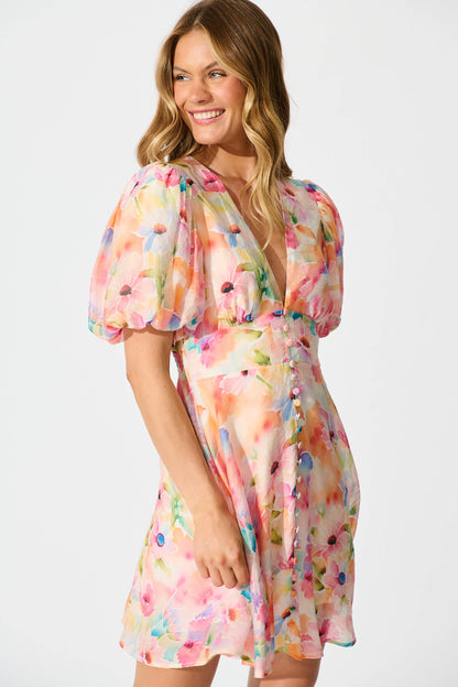 Clarissa Dress In Orange Watercolour Floral